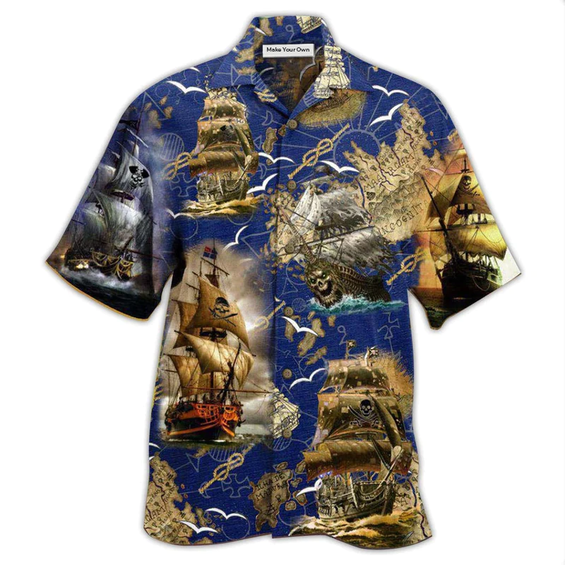 Ship Amazing Nautical Pirate Hawaiian Shirt Pattern Detail For Summer Holidays And Outdoor Fun
