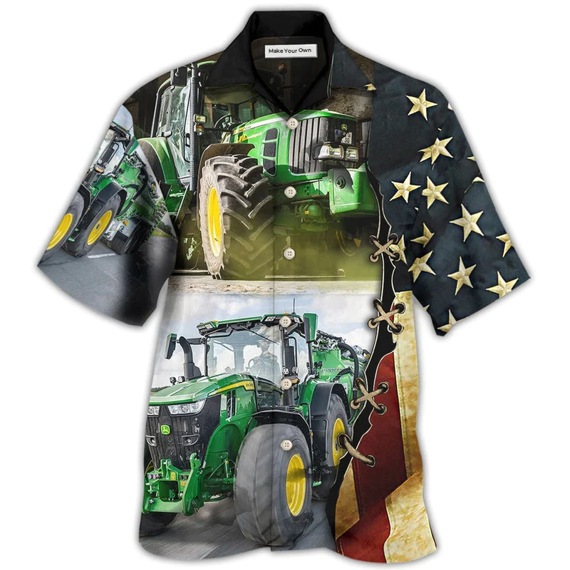 Green Tractor Independence Day US Flag Hawaiian Shirt Artwork View For Coastal Escapes And Resort Style
