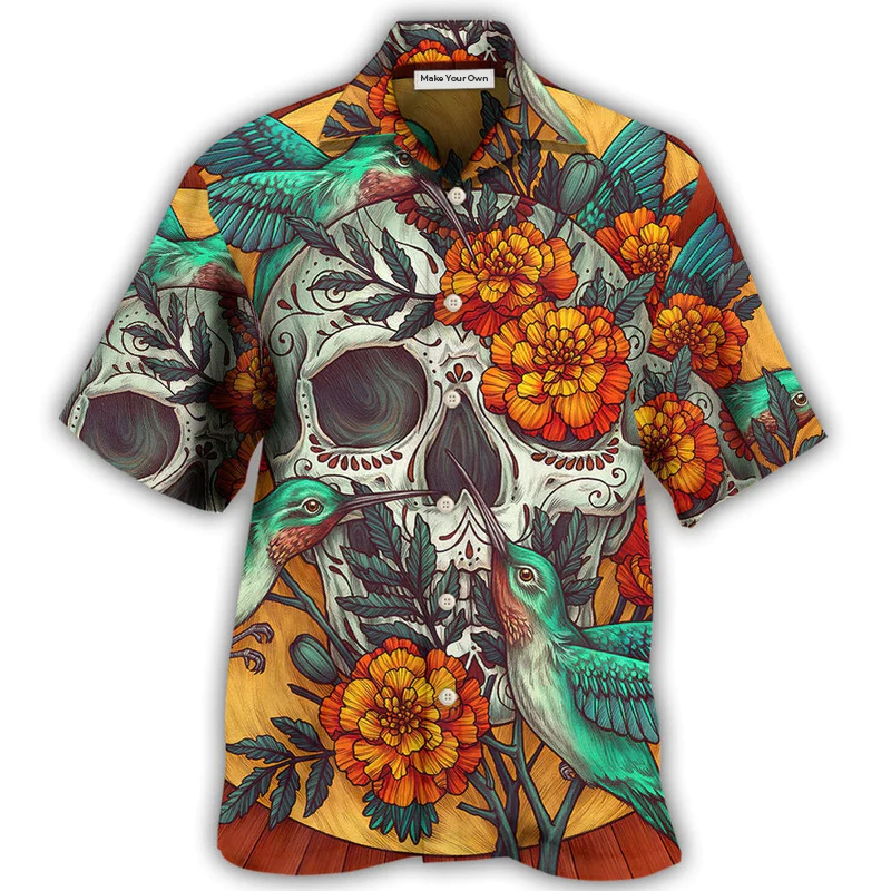Floral Skull Hummingbird Hawaiian Shirt Artwork View For Coastal Escapes And Resort Style
