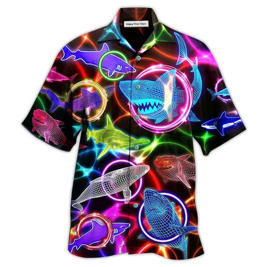 Neon Shark Circle Hawaiian Shirt Pattern Detail For Summer Holidays And Outdoor Fun