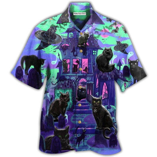 Black Mystical Cat Haunted House Hawaiian Shirt For Resort Getaways And Comfortable Summer Activities