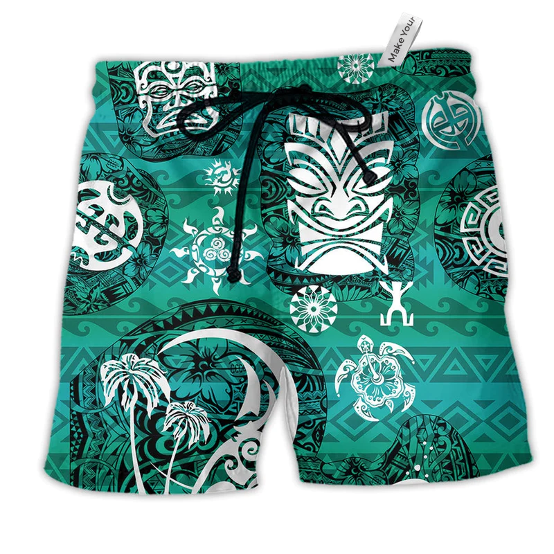 Tiki Love Turtle Geen Hawaiian Print Beach Shorts For Resort Trips And Poolside Style