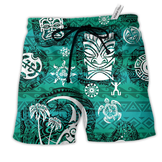 Tiki Love Turtle Geen Hawaiian Print Beach Shorts For Resort Trips And Poolside Style