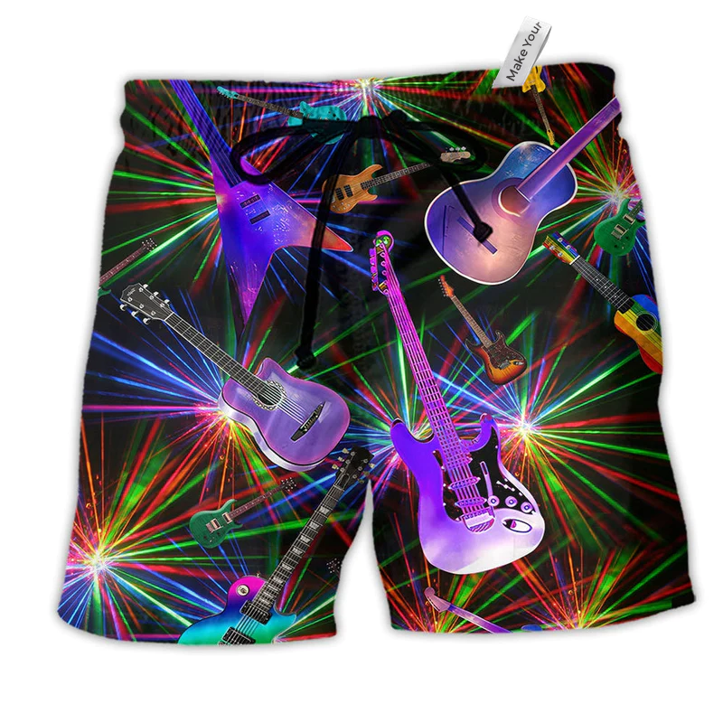 Music Guitar Love Neon Color Hawaiian Print Beach Shorts For Creative Warm Weather Outfits