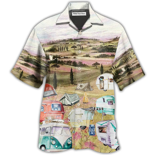 Camping Immense Meadow Hawaiian Shirt Pattern View For Lightweight Everyday Style