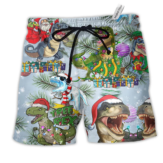 Dinosaurs And Merry Xmas Colorful Hawaiian Print Beach Shorts For Festive Vacation Wear
