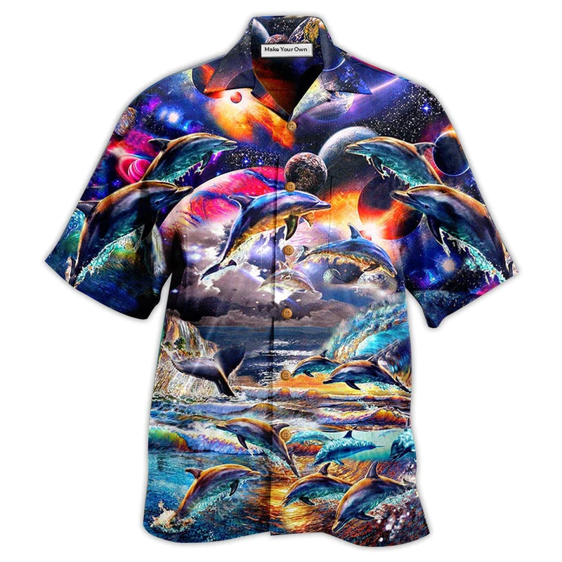 Mystical Dolphin Galaxy Hawaiian Shirt For Beach Parties And Weekend Getaways