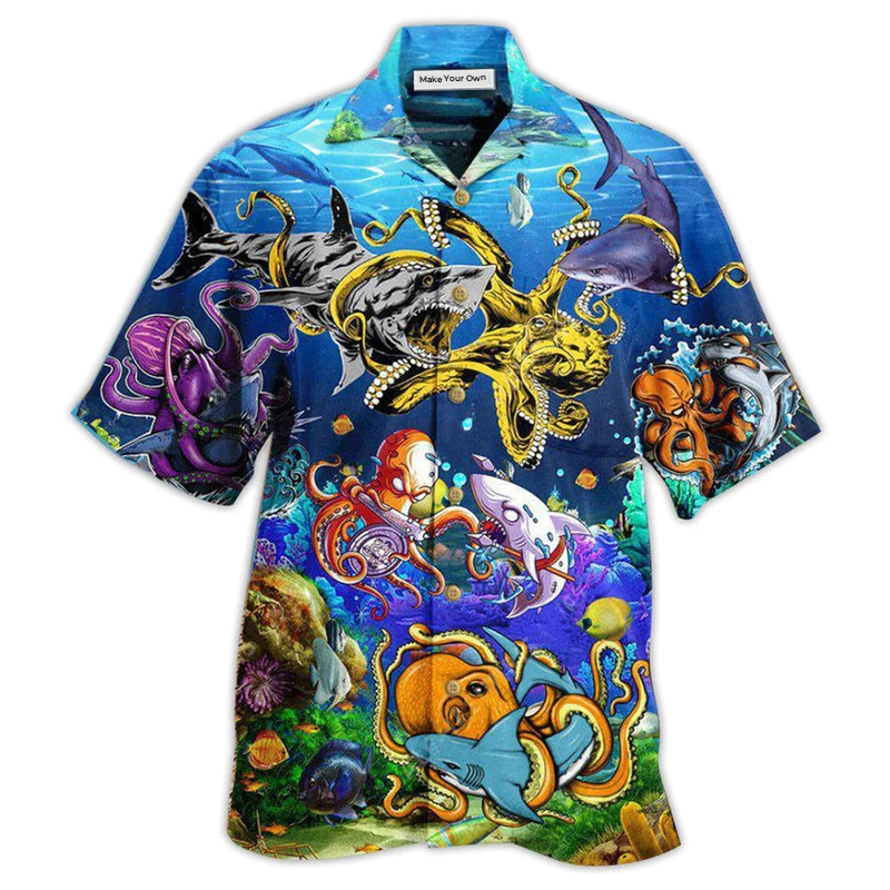 Octopus Ocean Shark Fighting Amazing Hawaiian Shirt For Vacation Days And Relaxed Coastal Outings