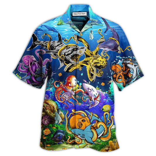 Octopus Ocean Shark Fighting Amazing Hawaiian Shirt For Vacation Days And Relaxed Coastal Outings