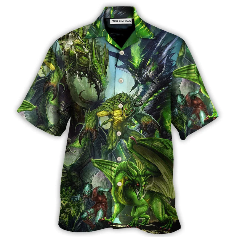 Green Dragon Skull Hawaiian Shirt Design Detail For Beach Days And Holiday Travel