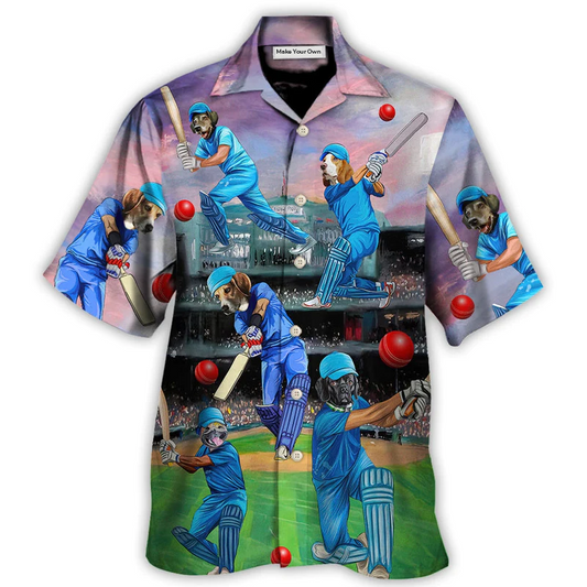 Funny Dog Cricket Hawaiian Shirt Tropical Styling View For Coastal Travel