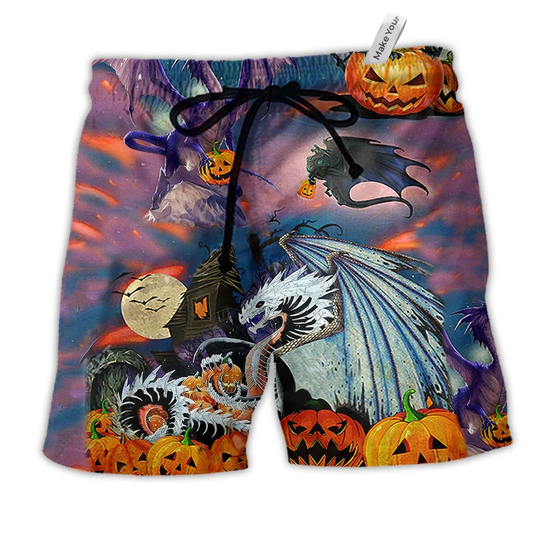 Dragon And Halloween Scaredy Hawaiian Print Beach Shorts For Coastal Trips And Outdoor Wear