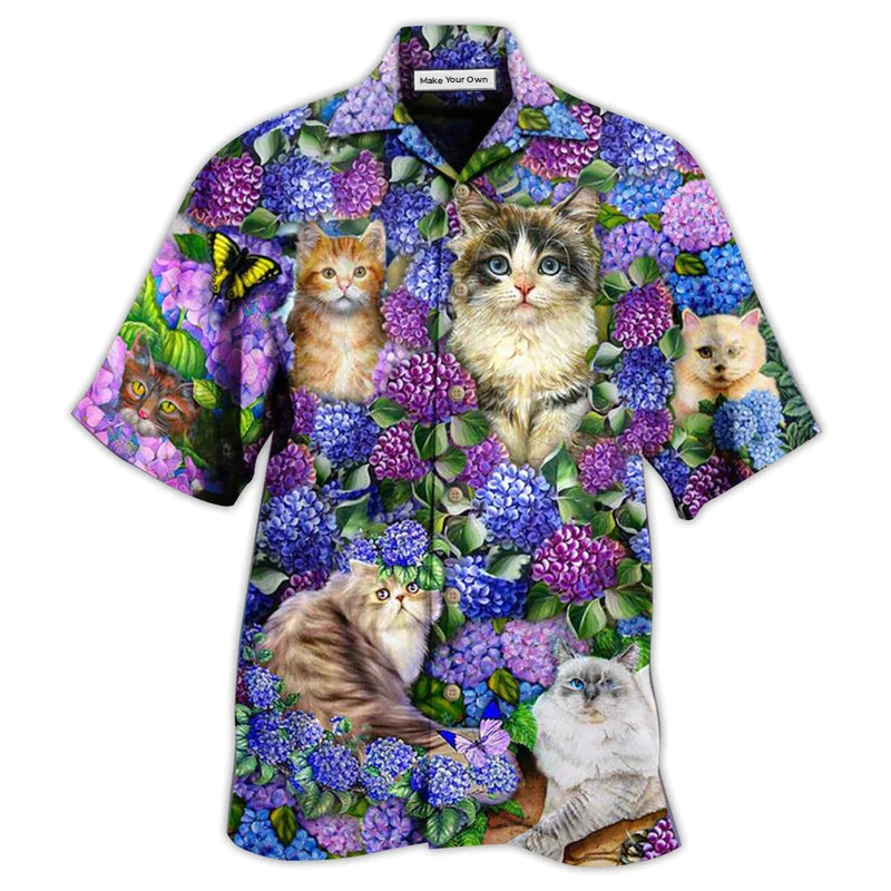 Purple Floral Cat Hawaiian Shirt Design View For Resort Travel And Thoughtful Gifting