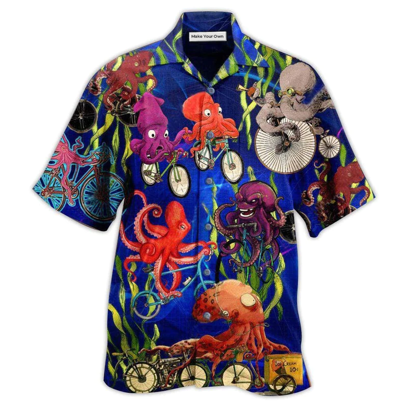Octopus Ride Bicycle Hawaiian Shirt Design Detail For Sunny Adventures And Casual Wear