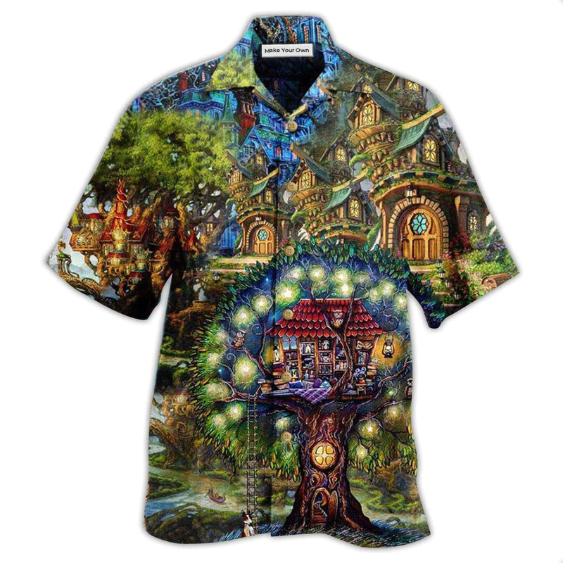 Bohemian Mystical Dreamy Treehouse Hawaiian Shirt Pattern Detail For Summer Holidays And Outdoor Fun