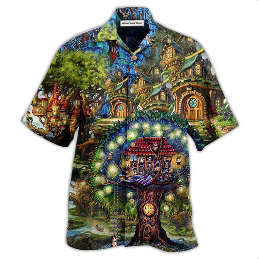 Bohemian Mystical Dreamy Treehouse Hawaiian Shirt Pattern Detail For Summer Holidays And Outdoor Fun