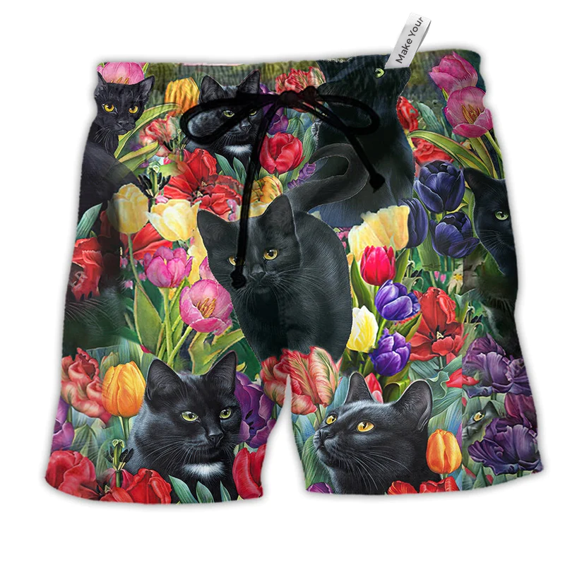 Black Cat Love Flowers Colorfull Hawaiian Print Beach Shorts For Tropical Vacation Wear