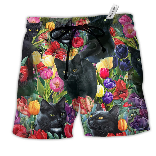 Black Cat Love Flowers Colorfull Hawaiian Print Beach Shorts For Tropical Vacation Wear