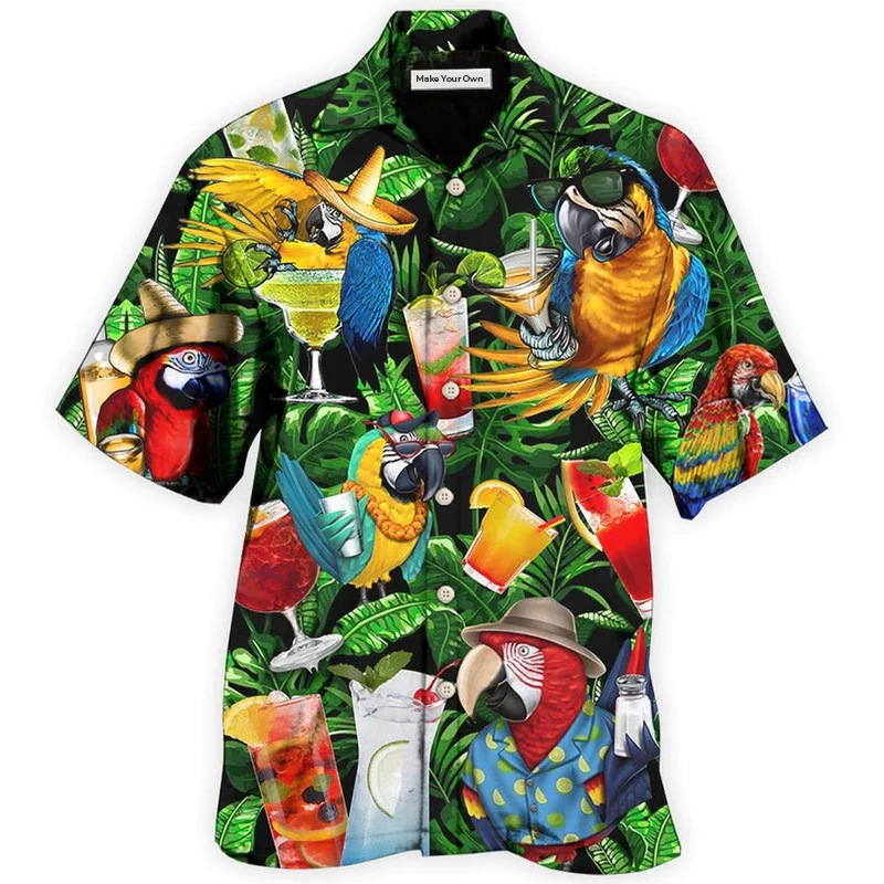 Parrot Drinking Cocktail Hawaiian Shirt Design Detail For Beach Days And Holiday Travel