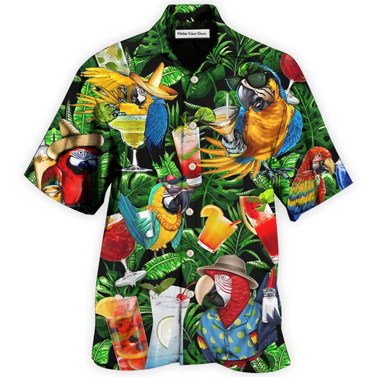 Parrot Drinking Cocktail Hawaiian Shirt Design Detail For Beach Days And Holiday Travel