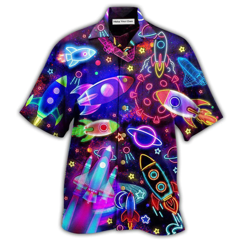 Neon Galaxy Space Rocket Hawaiian Shirt For Resort Holidays Beach Travel And Relaxed Casual Fashion