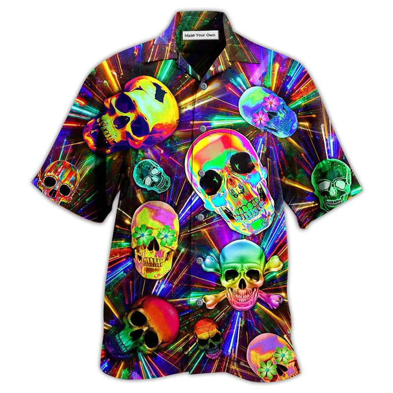 Colorful Cute Skull Hawaiian Shirt For Beach Vacations Casual Parties And Warm Weather Style
