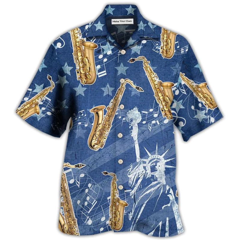 Saxophone Music American Independence Day Hawaiian Shirt Pattern Detail For Vacation Travel And Daily Wear