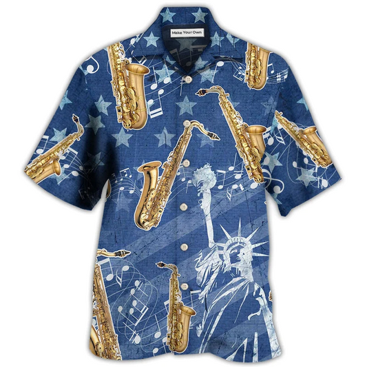 Saxophone Music American Independence Day Hawaiian Shirt Pattern Detail For Vacation Travel And Daily Wear