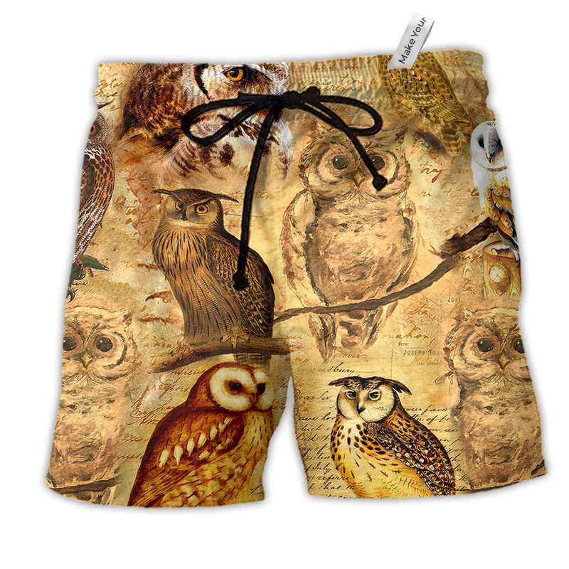 Owl Retro Love Life Classic Cute Hawaiian Print Beach Shorts For Relaxed Warm Weather Wear