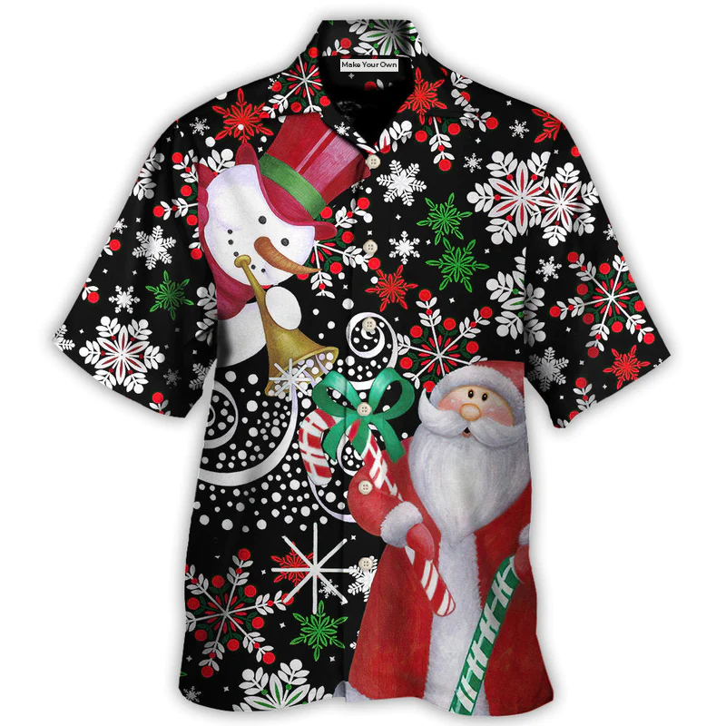 Christmas Santa Snowman Hawaiian Shirt Print Closeup For Vacation Style