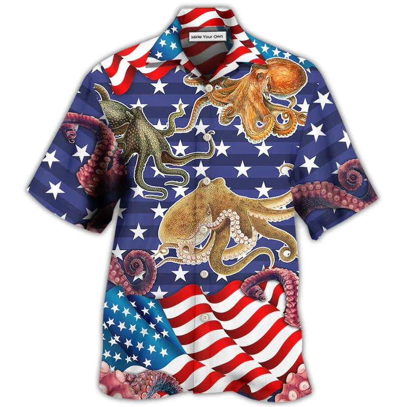 Octopus Independence Day USA Flag Hawaiian Shirt Artwork Detail For Tropical Trips And Casual Outings