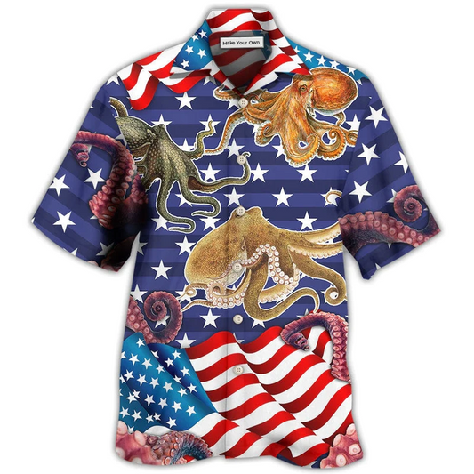 Octopus Independence Day USA Flag Hawaiian Shirt Artwork Detail For Tropical Trips And Casual Outings