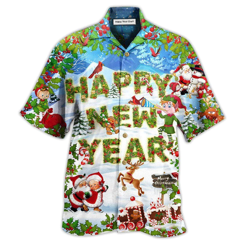 Happy Christmas New Year Snow Hawaiian Shirt Design Detail For Beach Days And Holiday Travel