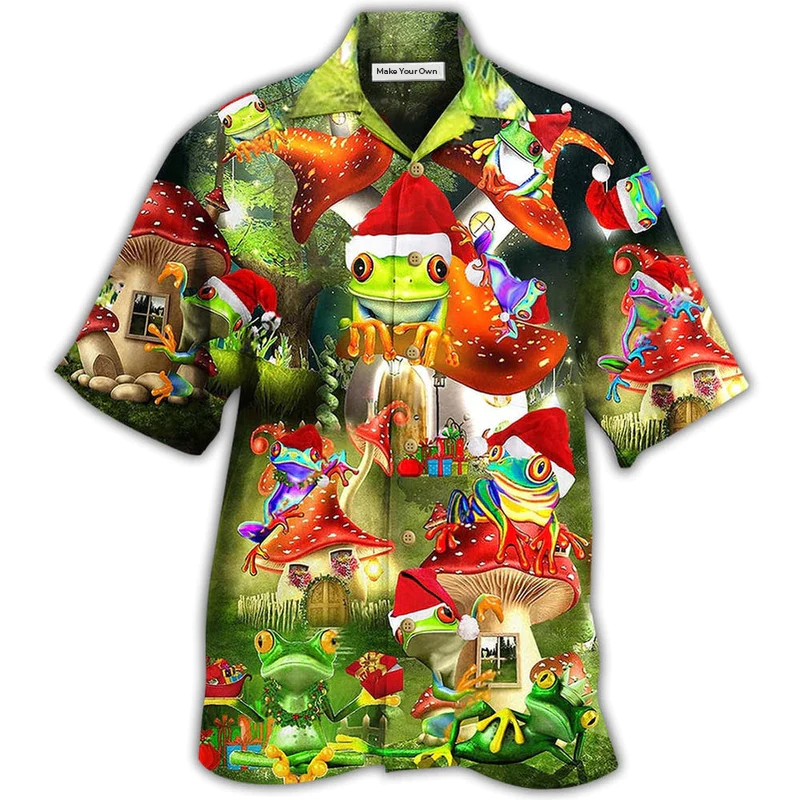 Frog Christmas Hawaiian Shirt Design Detail For Beach Days And Holiday Travel