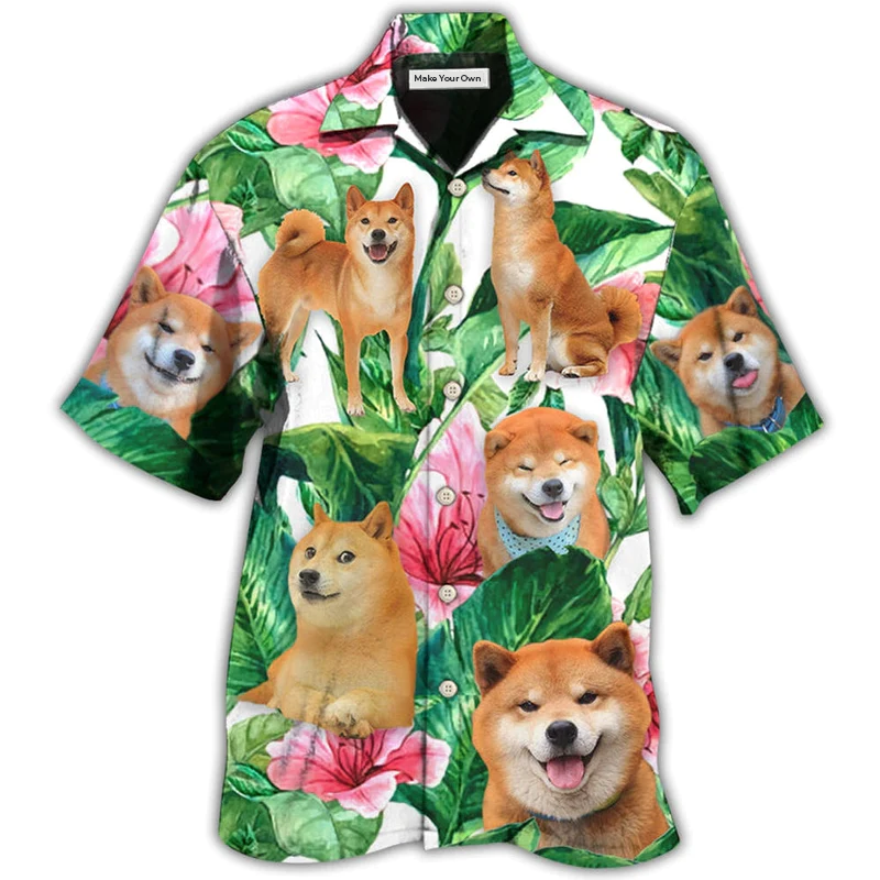 Tropical Floral Shiba Inu Leaf Hawaiian Shirt Design View For Casual Summer Styling