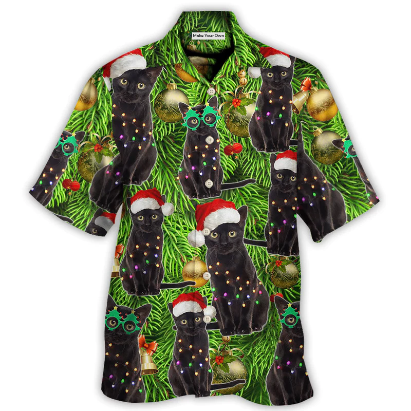 Festive Cat Christmas Hawaiian Shirt Summer Design Detail For Beach Days