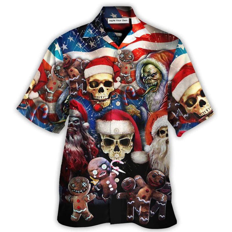 Skull Christmas US Flag Horror Skeleton Hawaiian Shirt Design Detail For Beach Days And Holiday Travel