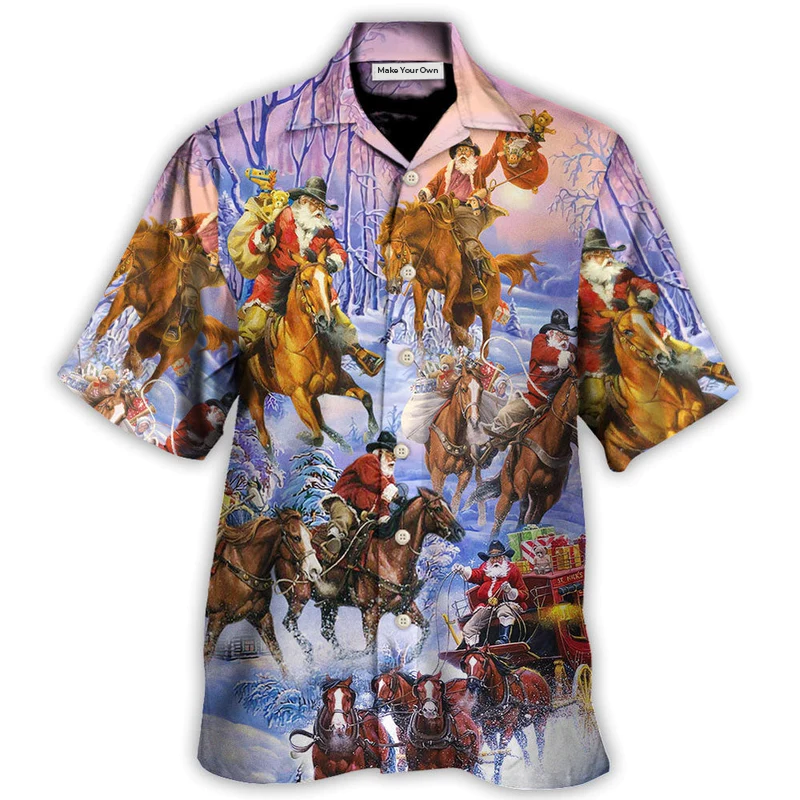 Festive Christmas Santa Horse Hawaiian Shirt Pattern Detail For Outdoor Gatherings