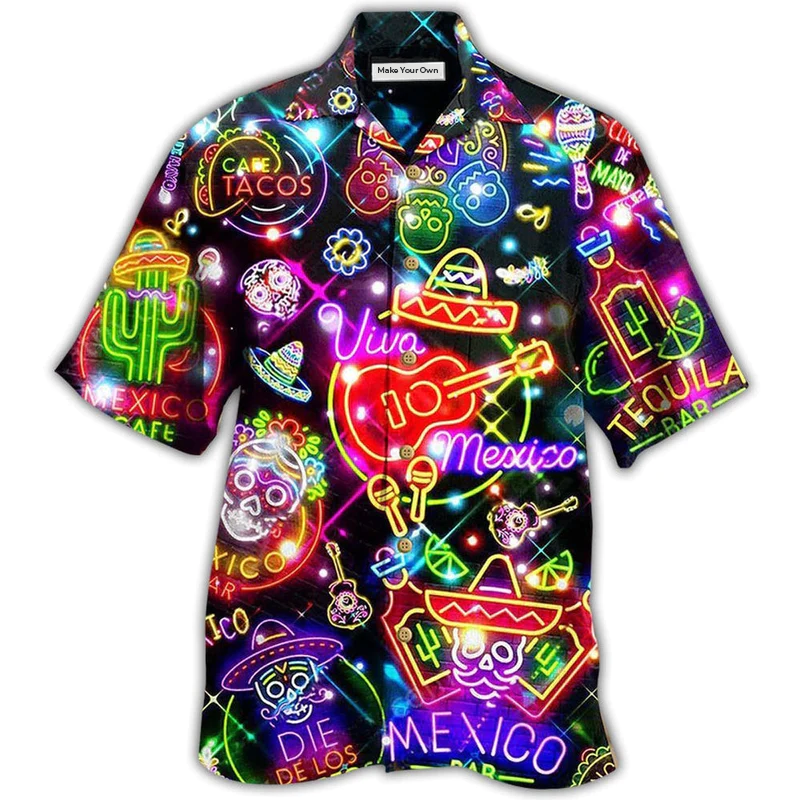 Neon Mexico Hawaiian Shirt Pattern View For Relaxed Warm Weather Outfits