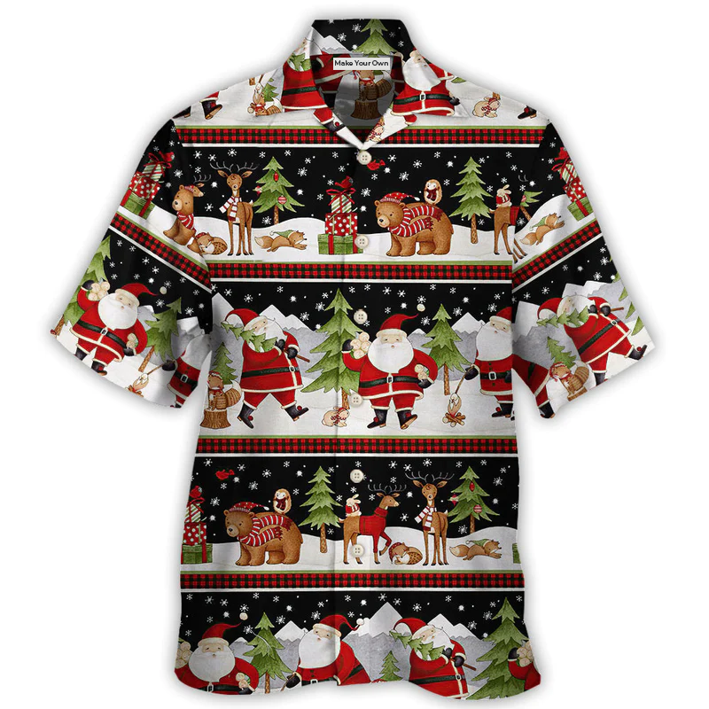 Christmas Santa Reindeer Bear Hawaiian Shirt Button Front Artwork For Island Holidays