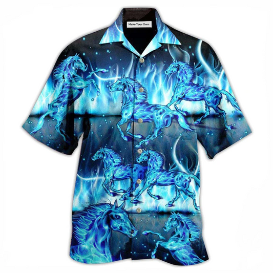 Blue Horse Burning Hawaiian Shirt Design View For Resort Travel And Thoughtful Gifting