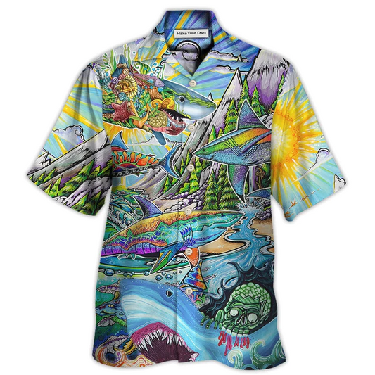 Bohemian Colorful Shark Peace Hawaiian Shirt Design Detail For Sunny Adventures And Casual Wear