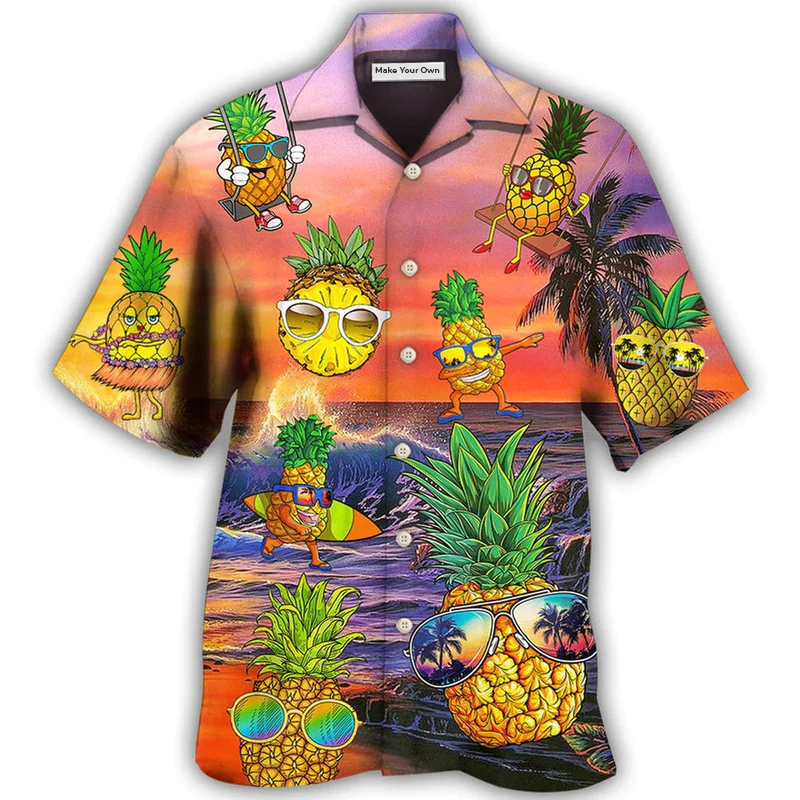 Playful Summer Tropical Fruit And Pineapple Hawaiian Shirt For Vacation Parties Beach Outings And Relaxed Daily Wear