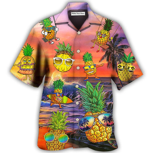 Playful Summer Tropical Fruit And Pineapple Hawaiian Shirt For Vacation Parties Beach Outings And Relaxed Daily Wear