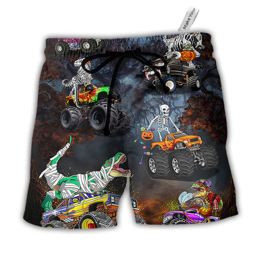 Halloween Skeleton Dinosaur Driving Monster Beach Shorts For Vehicle Lover Vacation Wear