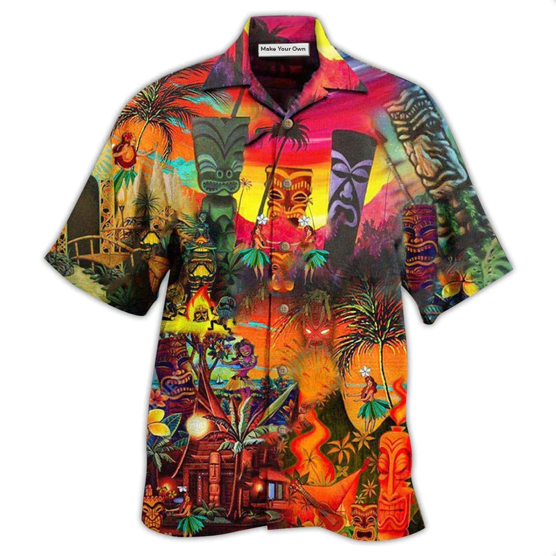 Tiki Island Heart Hawaiian Shirt Pattern Detail For Vacation Travel And Daily Wear
