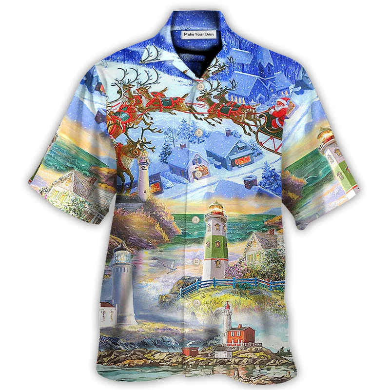 Lighthouse Christmas Santa Hawaiian Shirt Design View For Resort Travel And Thoughtful Gifting