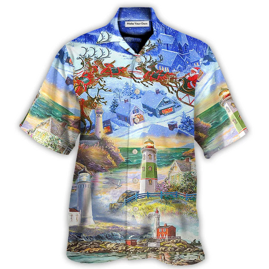 Lighthouse Christmas Santa Hawaiian Shirt Design View For Resort Travel And Thoughtful Gifting