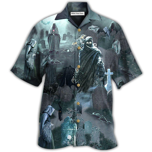 Gray Halloween Death Hold Tomb Back Ground Hawaiian Shirt Design View For Casual Summer Styling