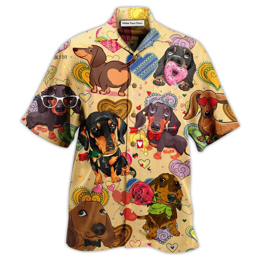 Dachshund Dogs Heart Hawaiian Shirt Artwork Detail For Tropical Trips And Casual Outings